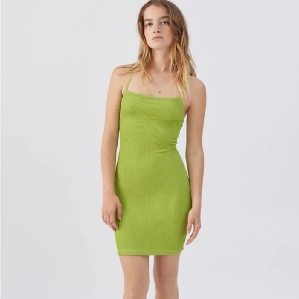 UO Tyra Dress- Green Textured Strappy Mini Dress